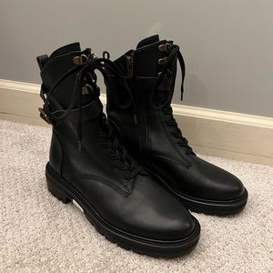 Antonio Melani Black Dylan Buckle Leather Lug Sole Combat Booties NEW Size 8.5